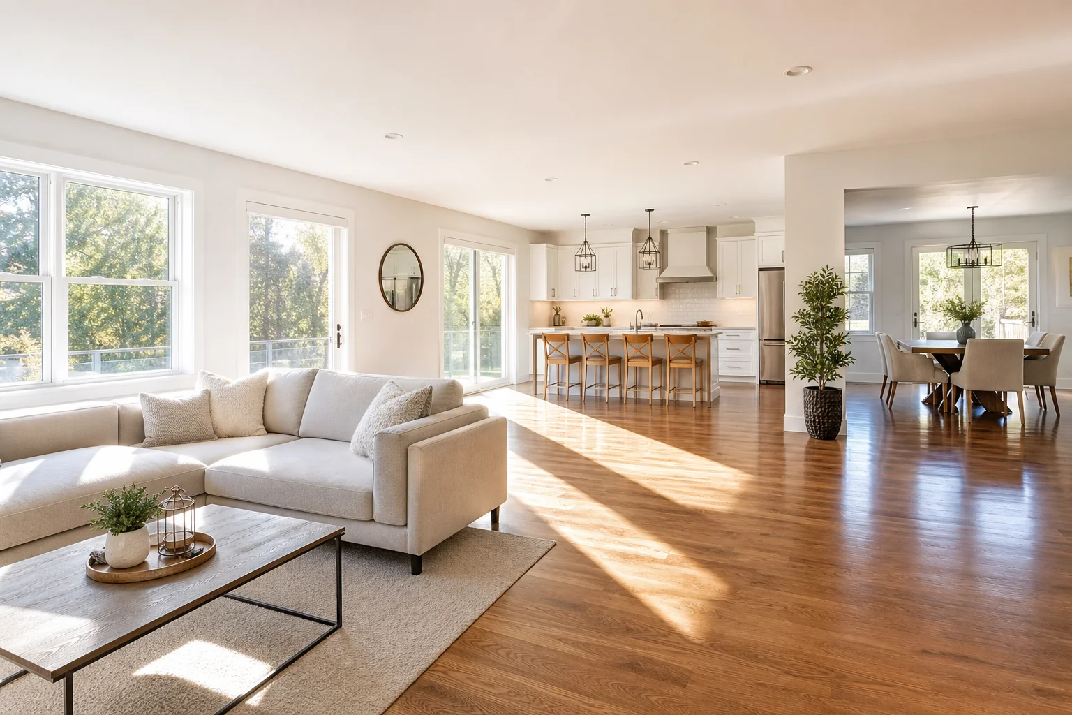 A bright, freshly cleaned open room with sunlight across the floor