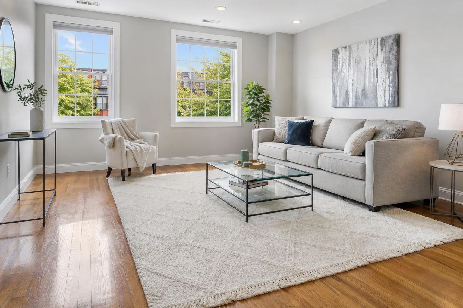 Bright living room with clean floors and spotless surfaces after a house cleaning