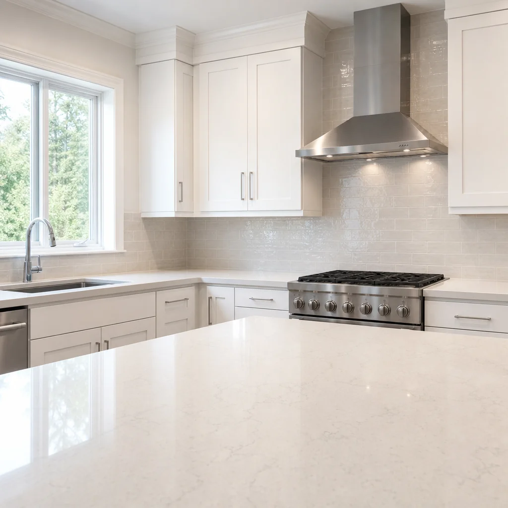 Kitchen countertop, sink and range cleaned and polished