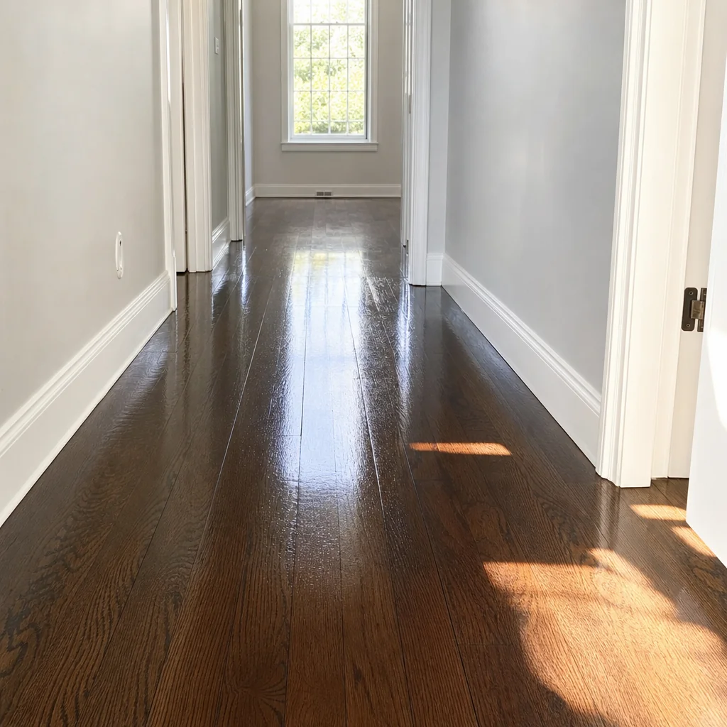 Hardwood floor freshly mopped with clean baseboards