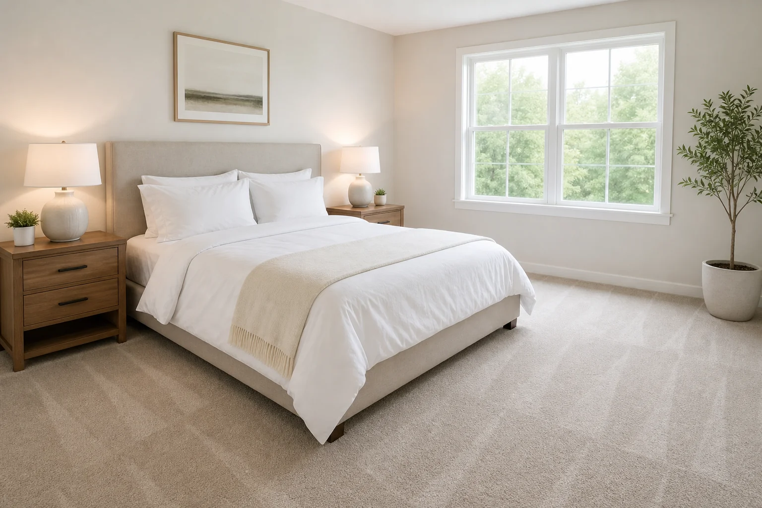 Bedroom with fresh linen and clean surfaces after a move in cleaning