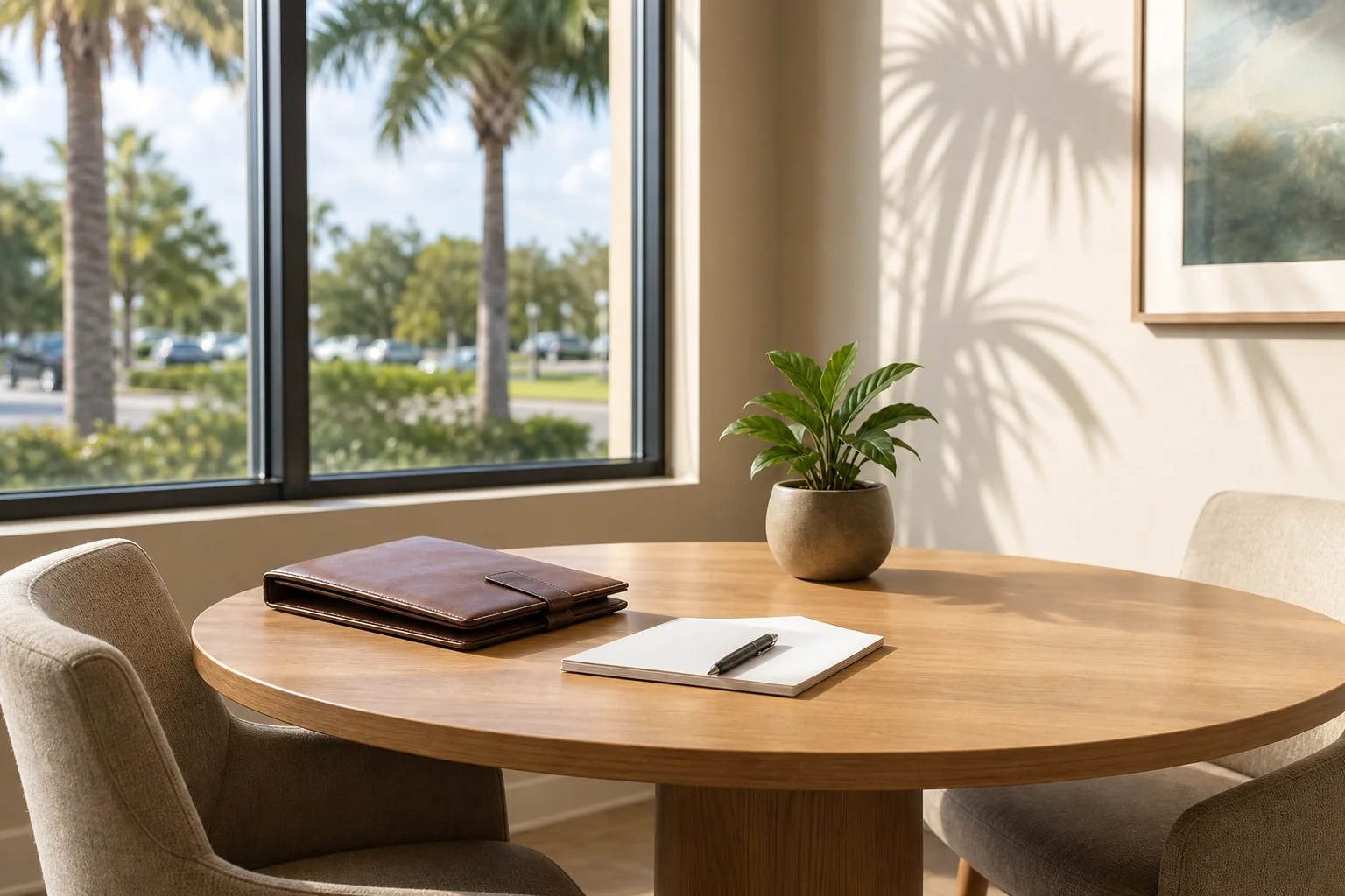 A quiet meeting table with two chairs beside a sunlit window