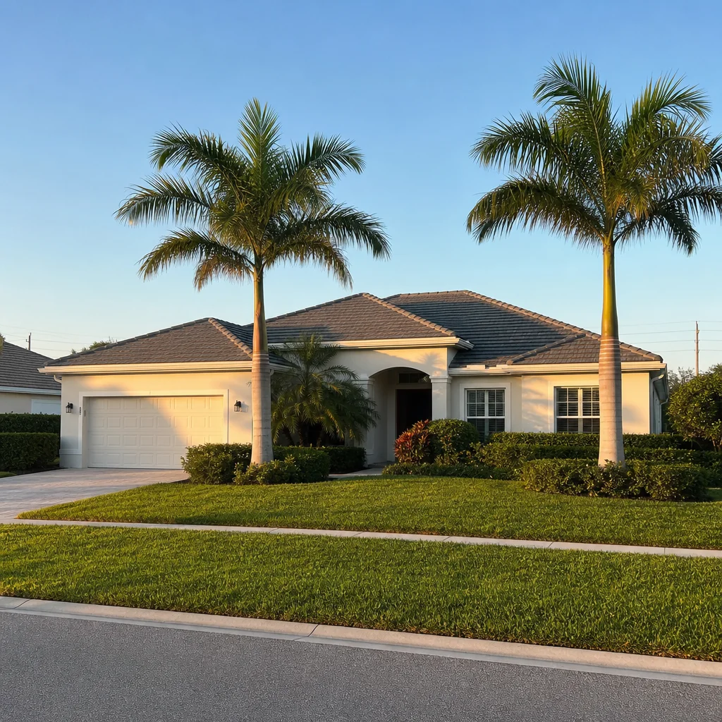 A single storey Florida home with palm trees and a tidy front lawn