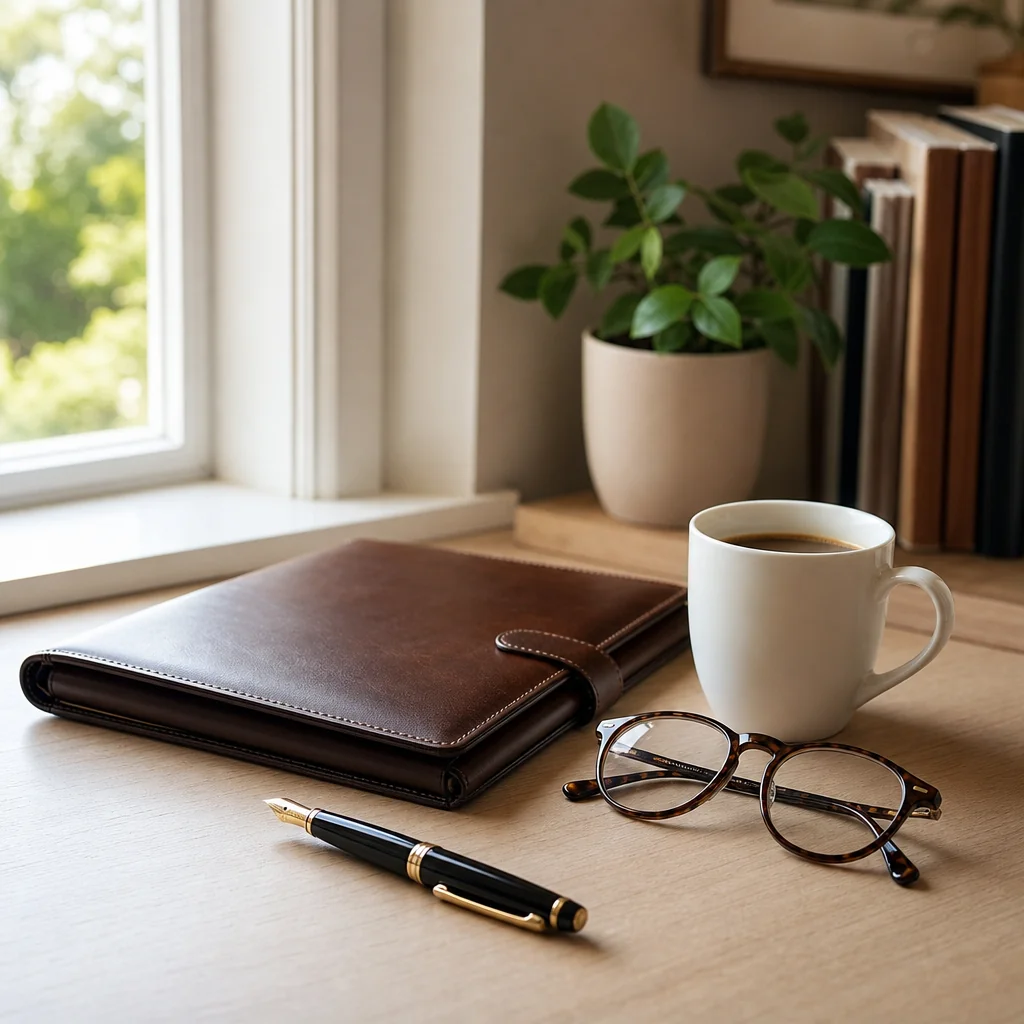 A folder, a pen, reading glasses and a mug on a sunlit desk