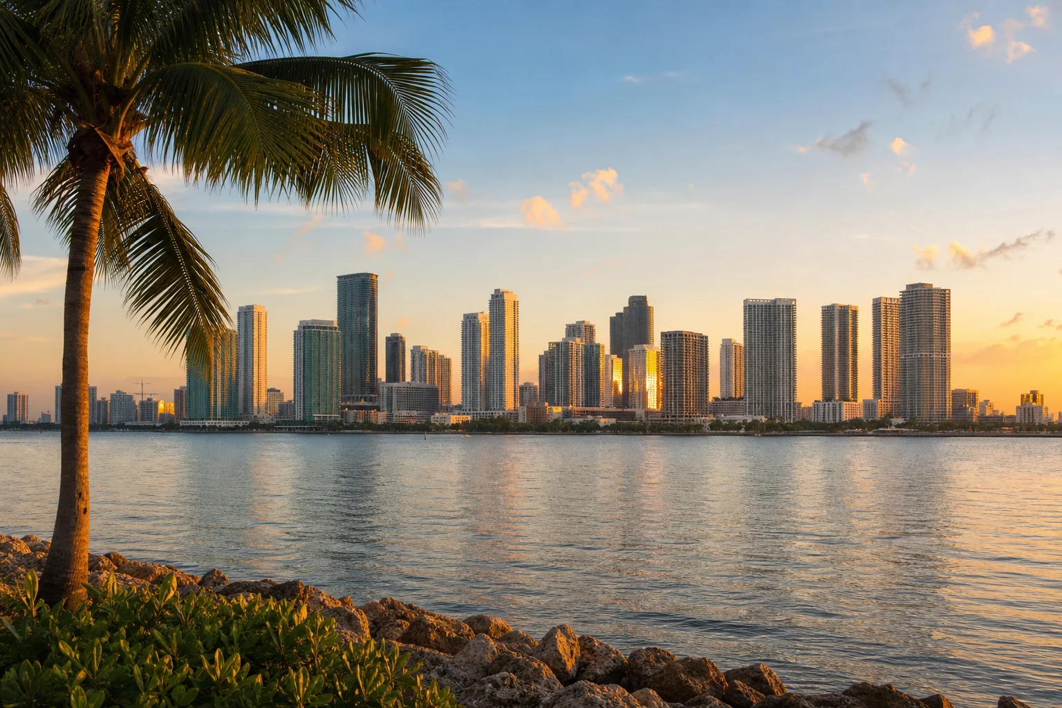 A Florida waterfront skyline at golden hour