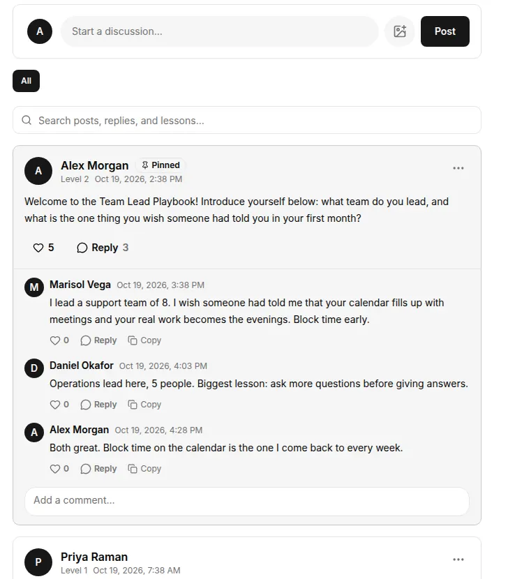 Community feed with posts, replies and likes