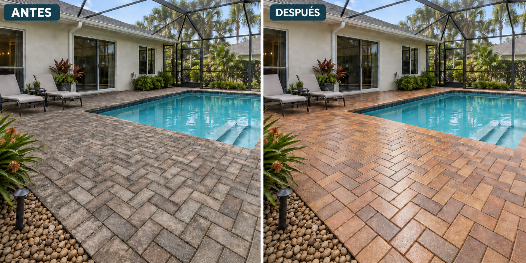 Comparación de pavers opacos y sucios junto a una piscina con un acabado limpio y sellado.